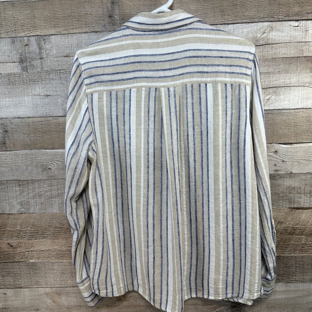 Banana Republic Linen Blend Striped Button Up Shirt Womens Medium Beige Navy - Picture 6 of 7